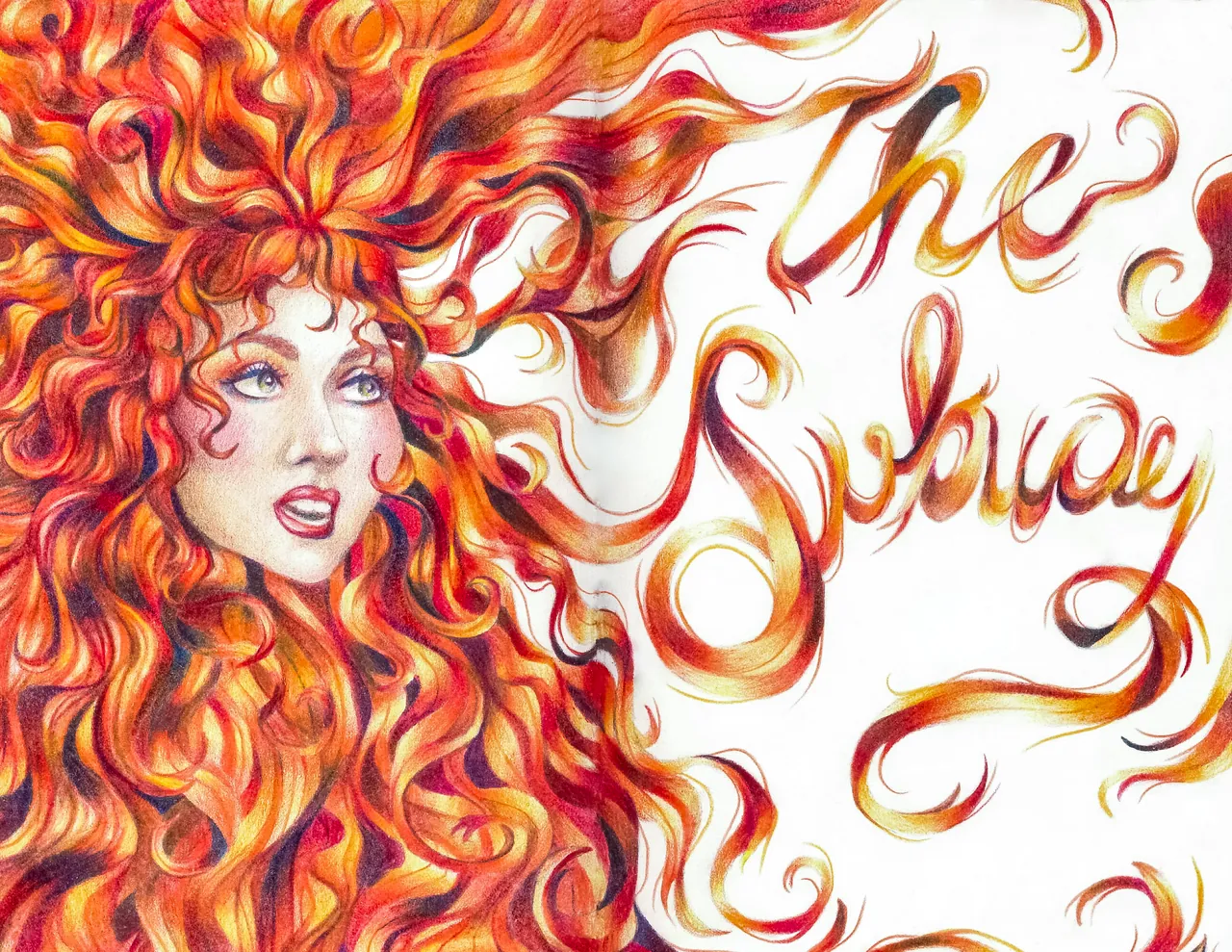 The Subway en color: retrato de cabello rojo y naranja con letras que se funden con el pelo.